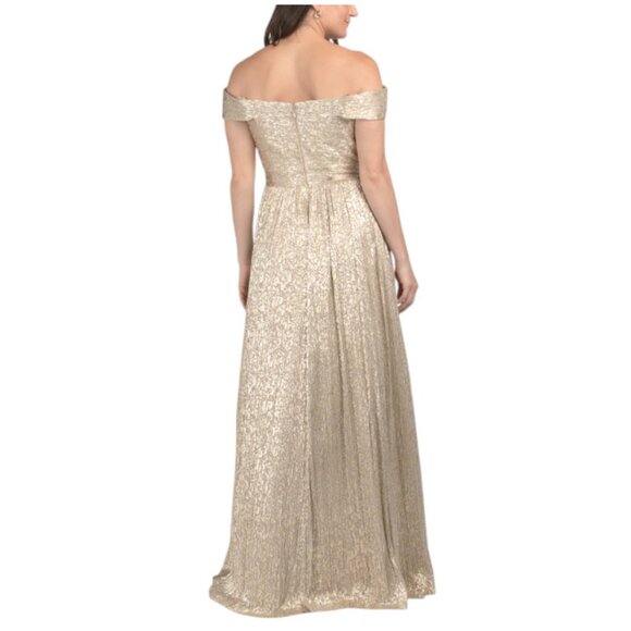 AIDAN MATTOX Gold Off The Shoulder Gown With Metallic Accents - Picture 3 of 4